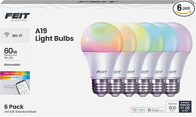 Feit Electric A19 Smart LED Light Bulb, 60W Equivalent, Dimmable, RGBW Color Changing, Alexa & Google Home Compatible, 2.4GHz Wi-Fi Enabled, 800 Lumens, 25,000-Hour Lifetime, OM60/RGBW/CA/AG/6, 6-Pack FeitElectricCompany