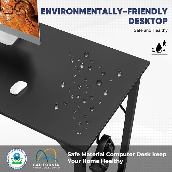 STATESVILLE 32 inch Small Computer Desk Writing Study Work Office Table Modern Simple with Storage Bag and Hook for Home Bedroom, Black - LeafyLoom