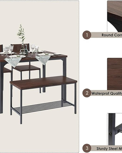 SogesHome 4 Piece Kitchen Dining Table Set for 4, Kitchen Table Bench Chairs Setfor 4, Space-Saving Table Set for Restaurant, Coffee Shop, Dark Walnut - LeafyLoom