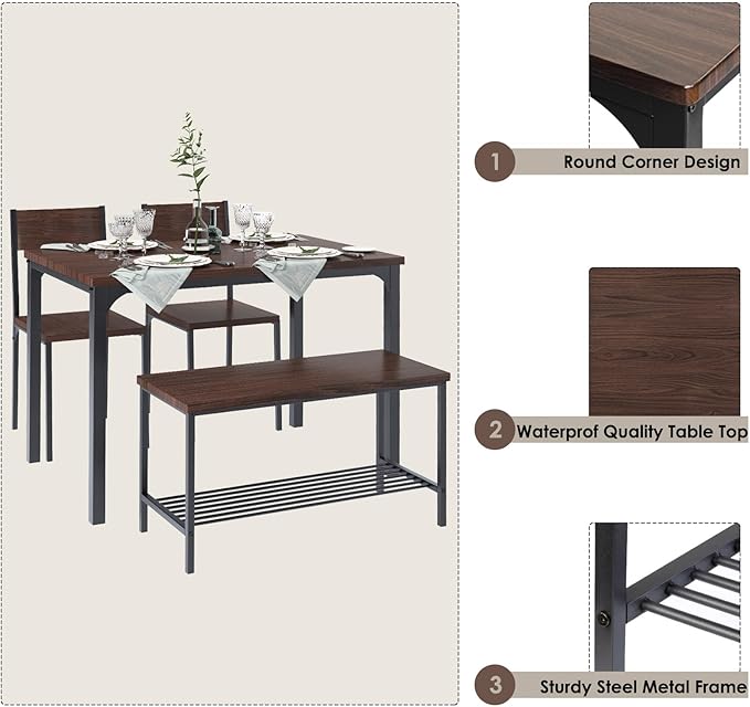SogesHome 4 Piece Kitchen Dining Table Set for 4, Kitchen Table Bench Chairs Setfor 4, Space-Saving Table Set for Restaurant, Coffee Shop, Dark Walnut - LeafyLoom