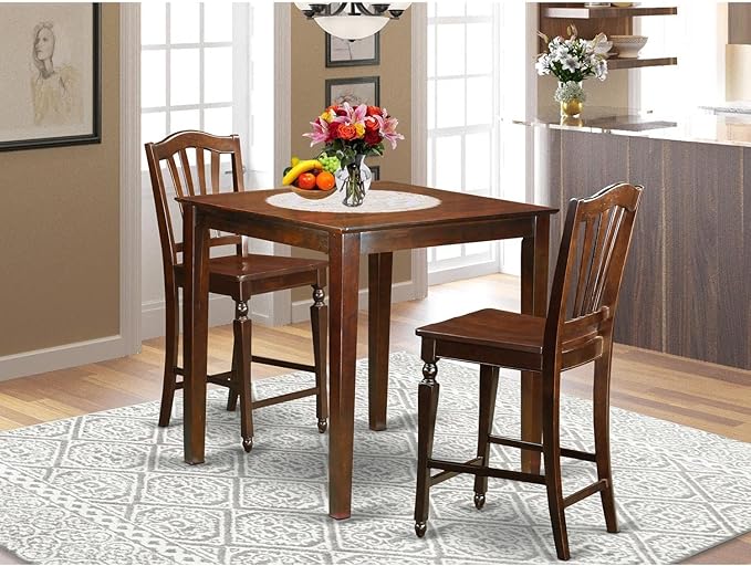East West Furniture Vernon 3 Piece Counter Height Pub Set for Small Spaces Contains a Square Dining Room Table and 2 Kitchen Chairs, 36x36 Inch, Mahogany - LeafyLoom