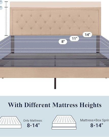 Allewie King Size Platform Bed Frame/Fabric Upholstered Bed Frame with Diamond Button Tufted Headboard/Adjustable Headboard/Wood Slat Support/Mattress Foundation/Beige (King) - LeafyLoom