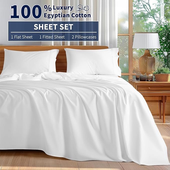 Shilucheng 100% Cotton Sheets Set - 600 Thread Count，Luxury Egyptian Cotton Bed Sheets，5-Star Hotel Quality Sheets, Breathable & Cooling, 16 Inch Deep Pocket - 4 Piece (White, Full) - LeafyLoom