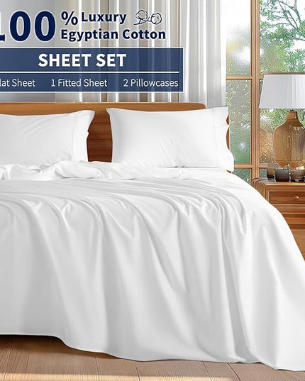Shilucheng 100% Cotton King Size Sheets Set - 600 Thread Count，Luxury Egyptian Cotton Bed Sheets，5-Star Hotel Quality Sheets, Breathable & Cooling, 16 Inch Deep Pocket - 4 Piece (White, King) - LeafyLoom