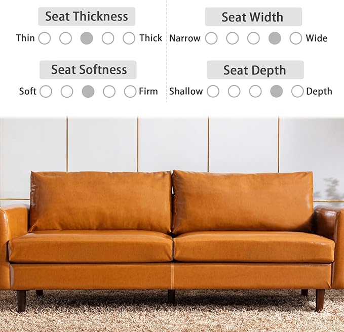 Dreamsir 80'' Faux Leather Sofa Couch, Mid-Century Modern Sofa with Solid Wooden Frame & Padded Cushions, 3-Seater Couch for Living Room, Apartment, Lounge Room (Camel) - LeafyLoom