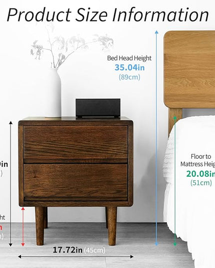 Night Stand, Mid Century Modern Nightstand w/2 Drawers, Boho Nightstand, Small Nightstand, Oak Bedroom Nightstand, Solid Wood Bedside Table, 17.72 W x 15.75 D x 19.69 H Inches(Walnut) - LeafyLoom