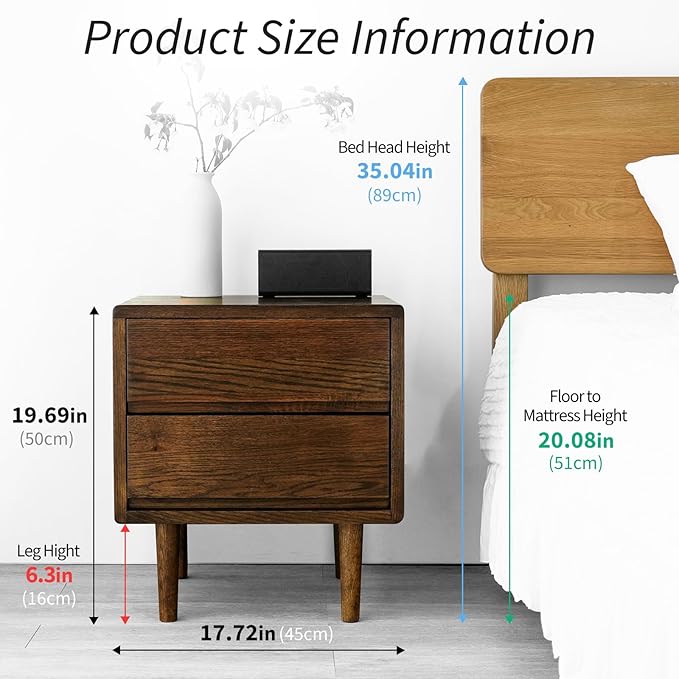 Night Stand, Mid Century Modern Nightstand w/2 Drawers, Boho Nightstand, Small Nightstand, Oak Bedroom Nightstand, Solid Wood Bedside Table, 17.72 W x 15.75 D x 19.69 H Inches(Walnut) - LeafyLoom