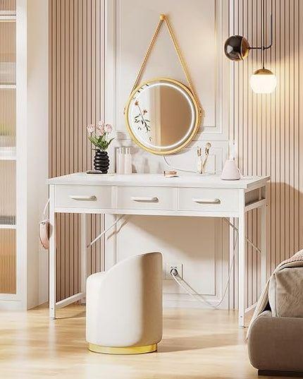 AODK Vanity Desk without Mirror, Makeup Vanity with 3 Fabric Drawers, White Vanity Desk Dressing Vanity Table with Charging Station, 40 Inch Large Girl Vanity, Desk Make Up Vanity for Girls, White - LeafyLoom