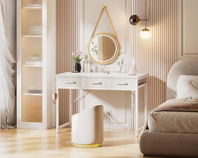 AODK Vanity Desk without Mirror, Makeup Vanity with 3 Fabric Drawers, White Vanity Desk Dressing Vanity Table with Charging Station, 40 Inch Large Girl Vanity, Desk Make Up Vanity for Girls, White - LeafyLoom