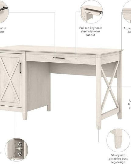 Bush Furniture Key West Computer Desk with Storage | Farmhouse PC Table for Home Office in Linen White Oak | 54W x 24D - LeafyLoom