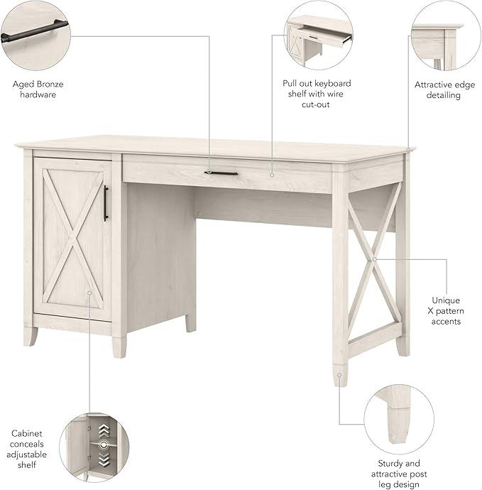 Bush Furniture Key West Computer Desk with Storage | Farmhouse PC Table for Home Office in Linen White Oak | 54W x 24D - LeafyLoom