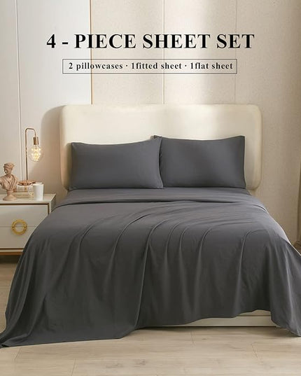 HighBuy Cooling Bed Sheets King 4 Piece Grey Bedding Sheet & Pillowcases Set,King Size Deep Pocket Fits Up to 16" Mattress,Easy Fit Fitted Sheets,Cooling Microfiber Sheets - LeafyLoom