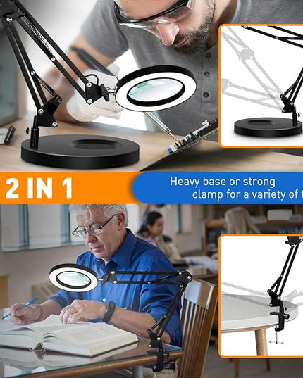 Magnifying Glass with Light and Stand, 10X Real Glass LED Magnifying Lamp, 3 Color Modes 10 Level Dimmable Lighted Magnifying Glass, 2-in-1 Magnifier Desk Lamp & Clamp for Reading Crafts Repair - LeafyLoom
