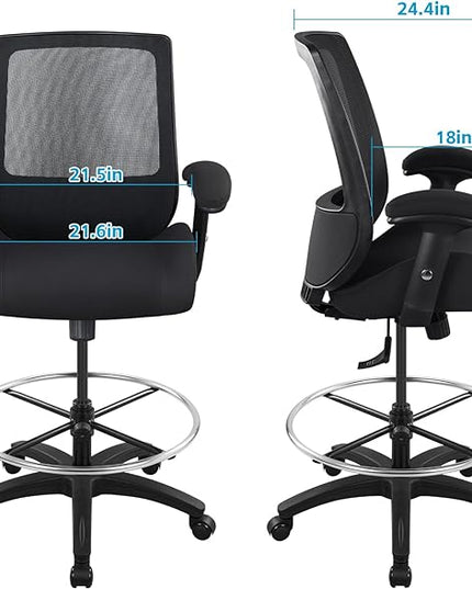 BOLISS Big and Tall 400lbs Mesh Ergonomic Drafting Chair,Tall Office Chair, Standing Desk Chair,Height Adjustable Armrest,Lumbar Support,Foot Ring,Swivel Computer Task Chair-Black - LeafyLoom