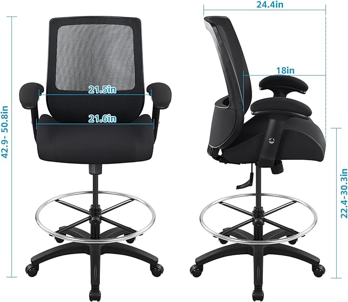 BOLISS Big and Tall 400lbs Mesh Ergonomic Drafting Chair,Tall Office Chair, Standing Desk Chair,Height Adjustable Armrest,Lumbar Support,Foot Ring,Swivel Computer Task Chair-Black - LeafyLoom