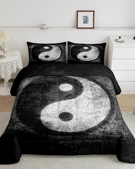 Yin Yang Bedding Set for Girls Boys Children Boho Trippy Psychedelic Art Comforter Set Decorative Gossip Pattern Comforter Traditional Ying Yang Theme Duvet Set Full Size 3Pcs - LeafyLoom