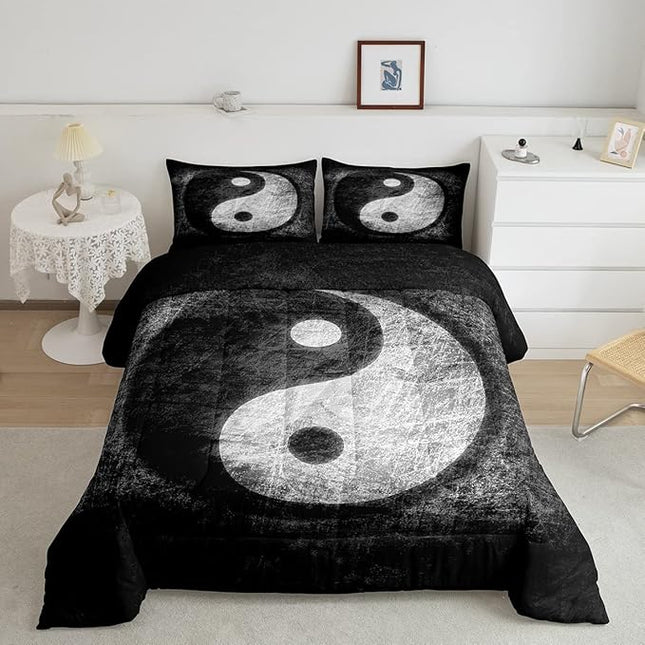 Yin Yang Bedding Set for Girls Boys Children Boho Trippy Psychedelic Art Comforter Set Decorative Gossip Pattern Comforter Traditional Ying Yang Theme Duvet Set Full Size 3Pcs - LeafyLoom