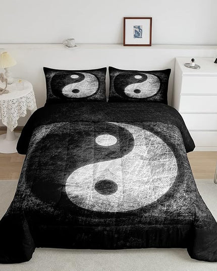 Feelyou Yin Yang Bedding Set for Girls Boys Children Boho Trippy Psychedelic Art Comforter Set Decorative Gossip Pattern Comforter Traditional Ying Yang Theme Duvet Set Queen Size 3Pcs - LeafyLoom
