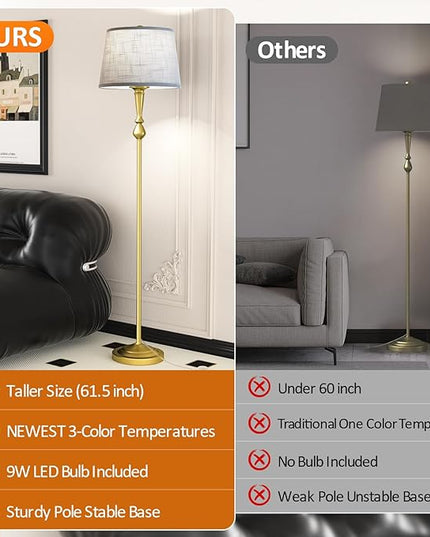 Gold Floor Lamp for Living Room with 3 Color Temperatures, Elegant Vintage Standing Lamp with Grey Linen Lampshade, Modern Floor Lamp for Bedroom, Office, 9W LED Bulb Included, Foot Switch - LeafyLoom