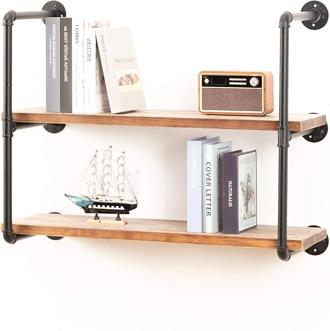 Industrial Wall Mounted Pipe Shelving,Rustic Metal Floating Shelves,Steampunk Real Wood Bookcases,DIY Bookshelf Hanging Shelves,Farmhouse Kitchen Bar Office Home Storage (3-Tier with 2 Boards,36in) - LeafyLoom