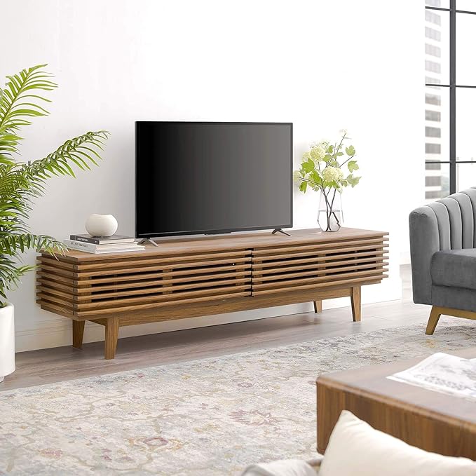Modway Render 71" Mid-Century Modern Low Profile TV Stand in Walnut, 71 Inch - LeafyLoom