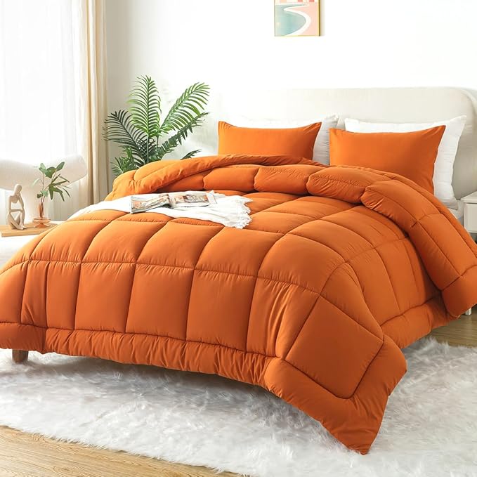 WhatsBedding Queen Comforter Set, Lightweight 3 Pieces Bedding Set for All Season Soft Down Alternative Burnt Orange Bed Set with 2 Pillow Cases, Queen Size,88"x90" - LeafyLoom