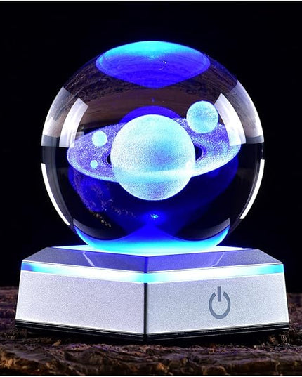 3D Crystal Ball Saturn Model, with Led Lamp Stand, 3.15'' Saturn Planets Glass Ball Decor, Engraved Crystal Sphere with Gift Box, 6 Color Light, Romantic Gifts for Kids Friends - LeafyLoom