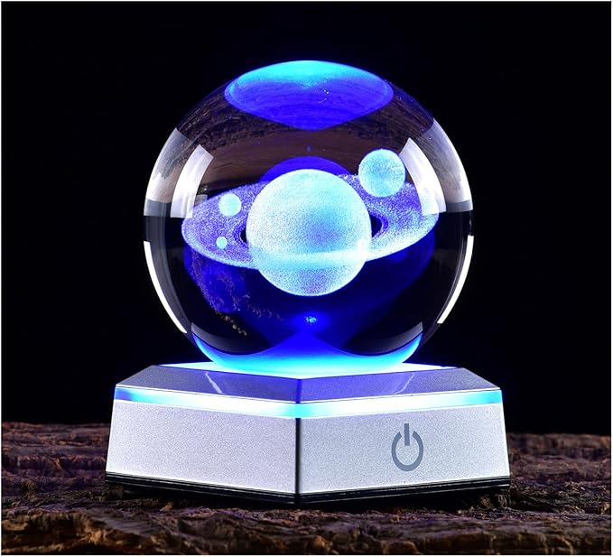 3D Crystal Ball Saturn Model, with Led Lamp Stand, 3.15'' Saturn Planets Glass Ball Decor, Engraved Crystal Sphere with Gift Box, 6 Color Light, Romantic Gifts for Kids Friends - LeafyLoom