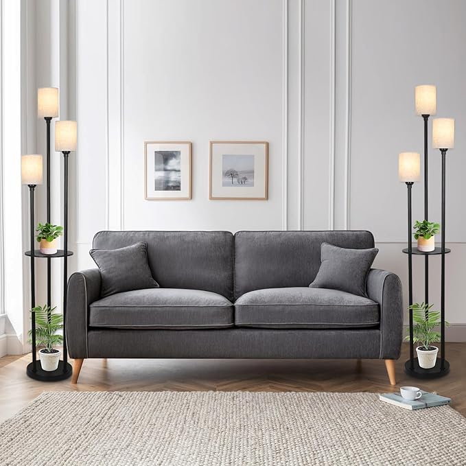Floor Lamp with Shelves, Modern Floor Lamps for Living Room, 3-Lights Standing Lamp with Linen Shade and Foot Switch, Industrial Standing Lamps for Bedroom, Black Tall Table Lamp for Office - LeafyLoom