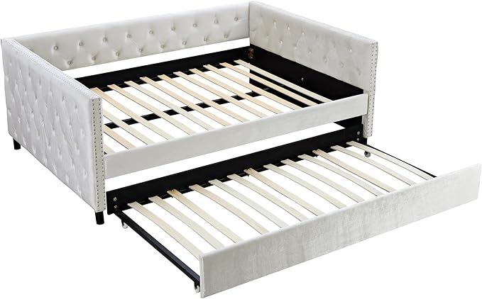 Full Size Velvet Upholstered Daybed with Trundle, Solid Wood Bed w/Button Tufted Backrest, for Living Room, Bedroom, Dorm, No Box Spring Needed, Space-Saving Design - LeafyLoom