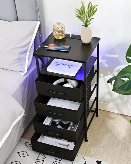 Nightstands Set of 2, Large End Tables Living Room, Bed Side Tables with Charging Station, 30" Tall Night Stand with 4 Fabric Drawers and LED Light Strip for Bedroom FBAHNS014BK - LeafyLoom