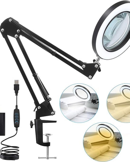 LED Magnifying Lamp with Clamp, 10X Real Glass Lens, 3 Color Modes and Stepless Dimmable Magnifier Desk Lamp,Adjustable Swivel Arm Lighted Magnifying Glass for Repair Craft Close Work-Black - LeafyLoom