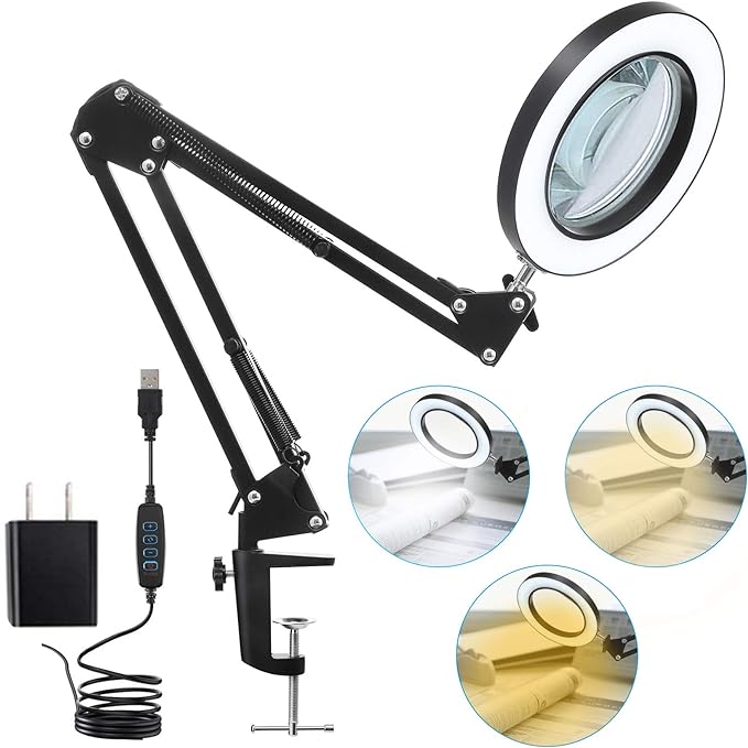 LED Magnifying Lamp with Clamp, 10X Real Glass Lens, 3 Color Modes and Stepless Dimmable Magnifier Desk Lamp,Adjustable Swivel Arm Lighted Magnifying Glass for Repair Craft Close Work-Black - LeafyLoom