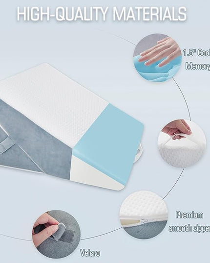 Bed Wedge Pillow for Sleeping, 9&12 Inch Adjustable Pillow Wedge Acid Reflux Pillow, 7-in-1 Memory Foam Wedge Pillow for Back Pain Relief, Gerd, Snoring - LeafyLoom