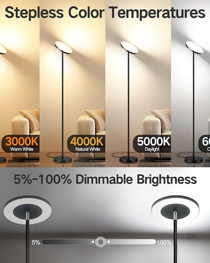 OUTON LED Torchiere Floor Lamp, Super Bright Dimmable Tall Standing Lamp with Remote Touch Control, 4 Color Temperatures, 1-Hour Timer for Living Room, Bedroom, Office (Classic Black) - LeafyLoom