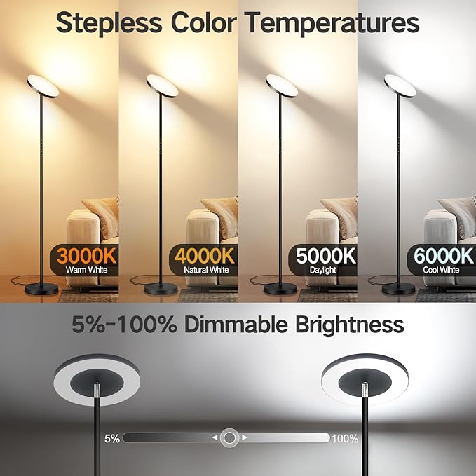 OUTON LED Torchiere Floor Lamp, Super Bright Dimmable Tall Standing Lamp with Remote Touch Control, 4 Color Temperatures, 1-Hour Timer for Living Room, Bedroom, Office (Classic Black) - LeafyLoom