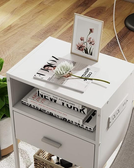 LDTTCUK Nightstand with Charging Station, Modern End Table with Drawer, White Bedside Table with Open Storage for Bedroom - LeafyLoom