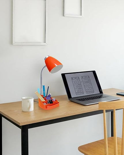Simple Designs LD1067-ORG Compartmental Desk Lamp with iPhone/iPad/Tablet Stand, Bendable Gooseneck, for Office, Living Room, Nightstand, Library, Entryway, Orange - LeafyLoom