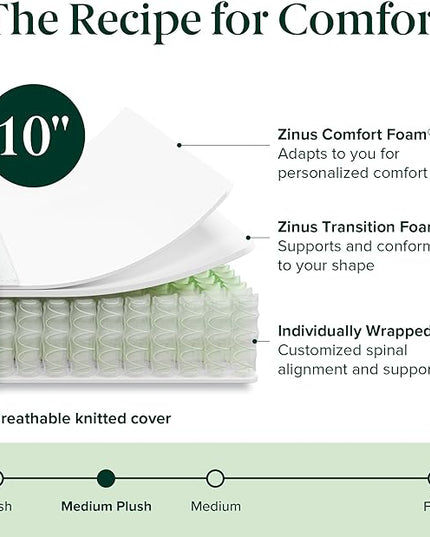 ZINUS 10 Inch Comfort Support Hybrid Mattress [New Version], King, Fiberglass free, Medium Plush, Motion Isolation, Certified Safe Foams & Fabric, Mattress in A Box - LeafyLoom