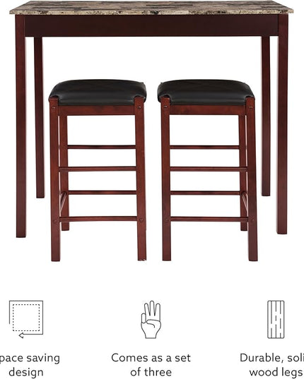 Linon Brown 3-Piece Table Faux Marble Tavern Set, 42" w x 22.25" d x 36" h - LeafyLoom