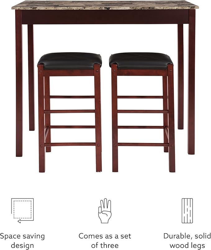 Linon Brown 3-Piece Table Faux Marble Tavern Set, 42" w x 22.25" d x 36" h - LeafyLoom