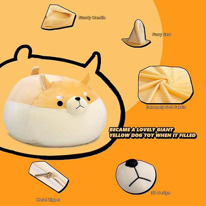 Stuffed Animal Storage Bean Bag Chair Cover for Kids Yellow Dog Shiba Inu Bean Bag Chair for Girls XX-Large Size Toy Organizer Cover Only Without Filling - LeafyLoom