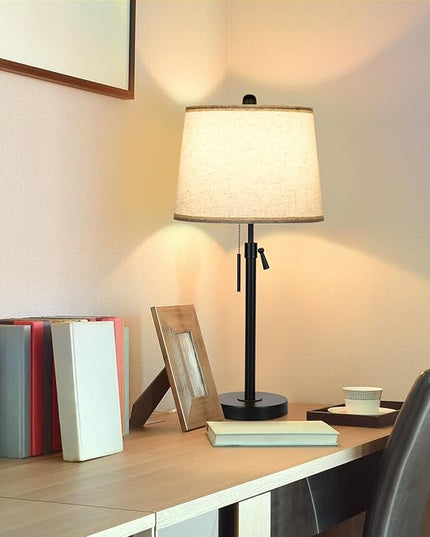 Table Lamps for Living Room Set of 2, Modern Bedside Lamps for Bedroom Height Adjustable Desk Lamp Dimmable Black Nightstand Lamps with Beige Lampshade, Pull Chain Table Lamp for Office Restaurant - LeafyLoom