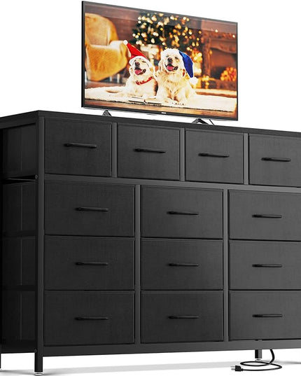 ODK Dresser with Charging Station, 57-Inch Long Dresser TV Stand for Bedroom, Large Dresser with 13 Storage Drawers, Chest of Drawers Easy-Pull Fabric Dressers for Living Room, Black - LeafyLoom