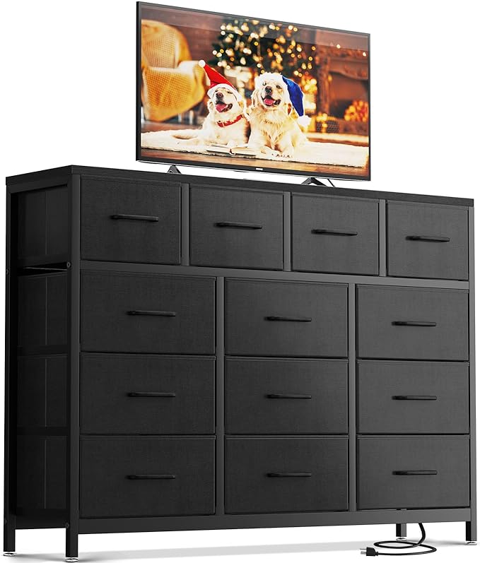 ODK Dresser with Charging Station, 57-Inch Long Dresser TV Stand for Bedroom, Large Dresser with 13 Storage Drawers, Chest of Drawers Easy-Pull Fabric Dressers for Living Room, Black - LeafyLoom