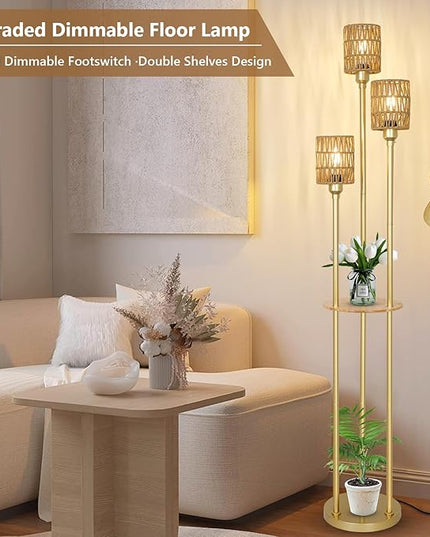 Dimmable Boho Floor Lamps for Living Room, 3-Lights Farmhouse Floor Lamp with 3-Way Foot Switch, Gold Floor Lamp with Shelves, Rustic Standing Lamp with Rattan Shades, Tall Lamps for Bedroom - LeafyLoom