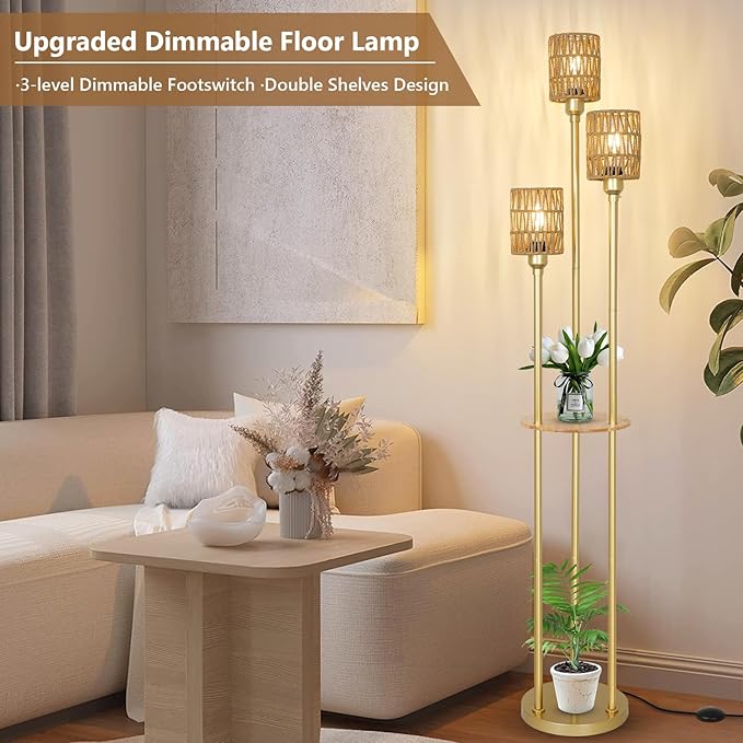 Dimmable Boho Floor Lamps for Living Room, 3-Lights Farmhouse Floor Lamp with 3-Way Foot Switch, Gold Floor Lamp with Shelves, Rustic Standing Lamp with Rattan Shades, Tall Lamps for Bedroom - LeafyLoom