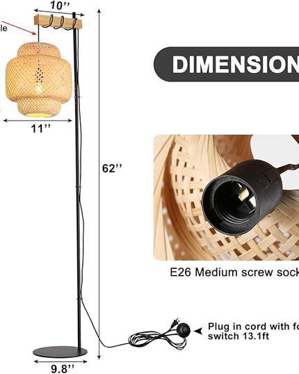 Unique Farmhouse Floor Lamp for Living room, Bedroom and Office, Original Handmade Bamboo Rattan Shade Tall Standing Light Black , Modern Vintage Rustic Rural Décor(No Bulbs) - LeafyLoom