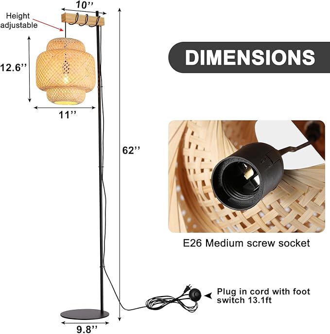 Unique Farmhouse Floor Lamp for Living room, Bedroom and Office, Original Handmade Bamboo Rattan Shade Tall Standing Light Black , Modern Vintage Rustic Rural Décor(No Bulbs) - LeafyLoom