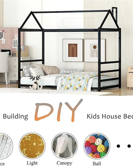 Bellemave Twin Size Montessori Floor Bed for Kids,Floor Bed with Roof, House Bed for Boys Girls,Metal House Shape Platform Bed Twin,Black - LeafyLoom